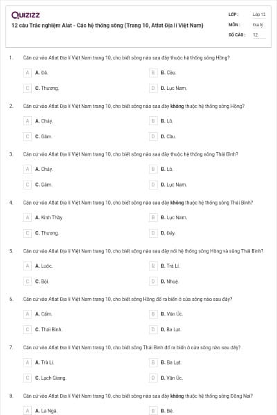 12 câu Trắc nghiệm Alat - Các hệ thống sông (Trang 10, Atlat Địa lí Việt Nam)