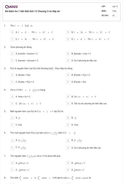 Đề kiểm tra 1 tiết Giải tích 12 Chương 3 có đáp án