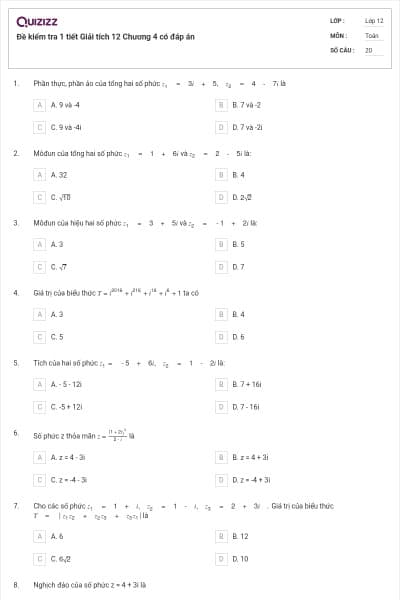 Đề kiểm tra 1 tiết Giải tích 12 Chương 4 có đáp án