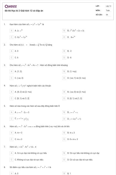 Đề thi Học kì 2 Giải tích 12 có đáp án