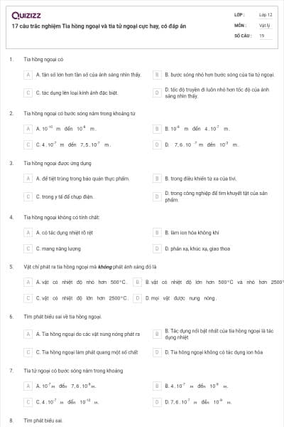 17 câu trắc nghiệm Tia hồng ngoại và tia tử ngoại cực hay, có đáp án