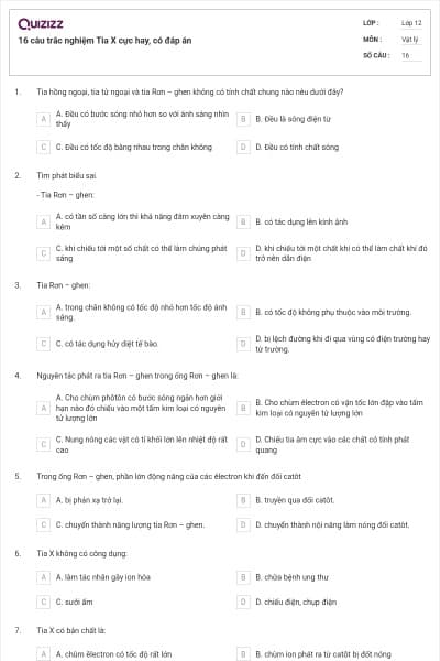 16 câu trắc nghiệm Tia X cực hay, có đáp án