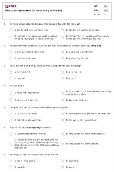 100 câu trắc nghiệm Điện tích - Điện trường cơ bản (P1)