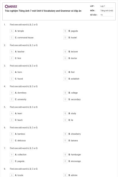 Trắc nghiệm Tiếng Anh 7 mới Unit 6 Vocabulary and Grammar có đáp án
