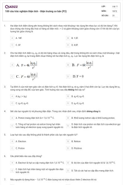 100 câu trắc nghiệm Điện tích - Điện trường cơ bản (P2)