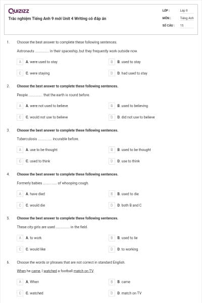 Trắc nghiệm Tiếng Anh 9 mới Unit 4 Writing có đáp án