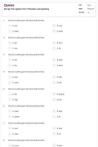 Bài tập Trắc nghiệm Unit 7 Phonetics and Speaking