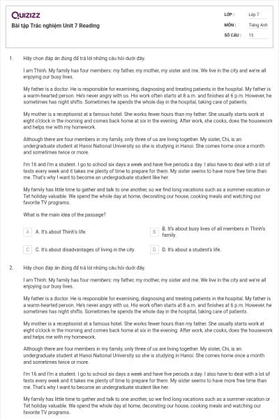 Bài tập Trắc nghiệm Unit 7 Reading