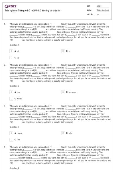 Trắc nghiệm Tiếng Anh 7 mới Unit 7 Writing có đáp án