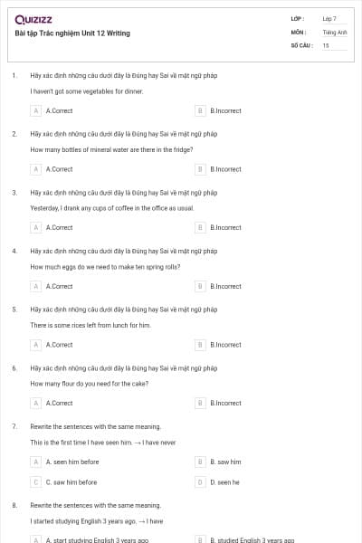 Bài tập Trắc nghiệm Unit 12 Writing