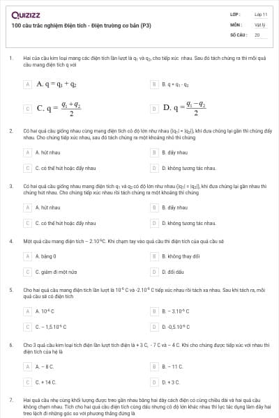 100 câu trắc nghiệm Điện tích - Điện trường cơ bản (P3)