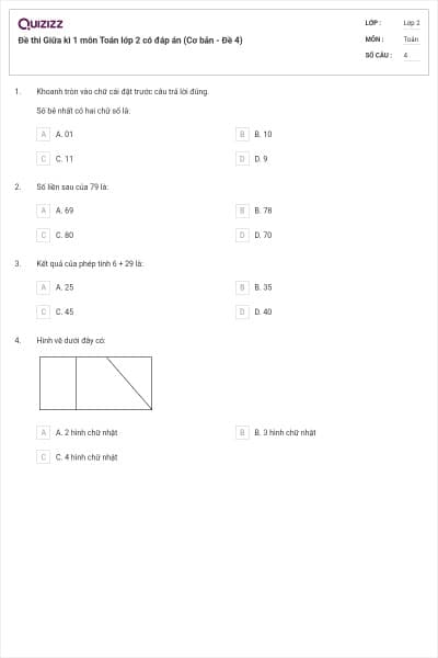 Đề thi Giữa kì 1 môn Toán lớp 2 có đáp án (Cơ bản - Đề 4)