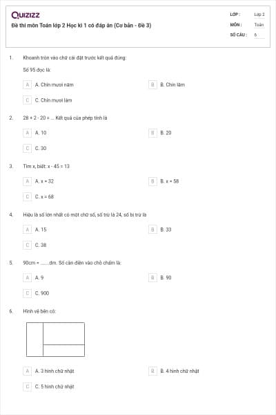 Đề thi môn Toán lớp 2 Học kì 1 có đáp án (Cơ bản - Đề 3)