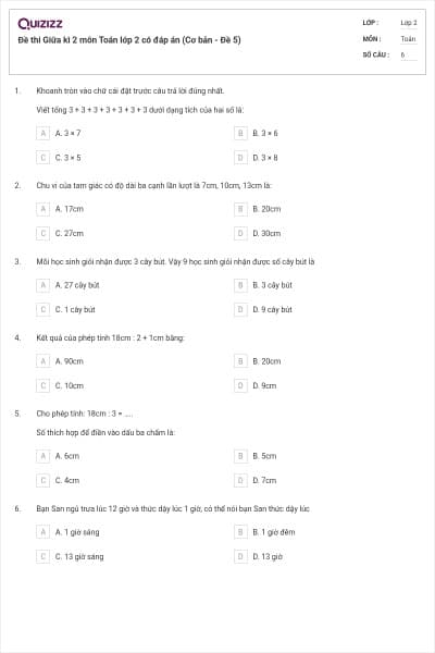 Đề thi Giữa kì 2 môn Toán lớp 2 có đáp án (Cơ bản - Đề 5)
