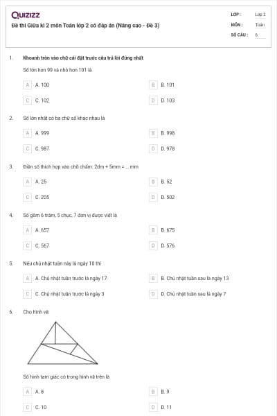 Đề thi Giữa kì 2 môn Toán lớp 2 có đáp án (Nâng cao - Đề 3)