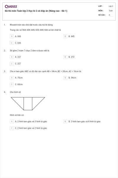 Đề thi môn Toán lớp 2 Học kì 2 có đáp án (Nâng cao - Đề 1)