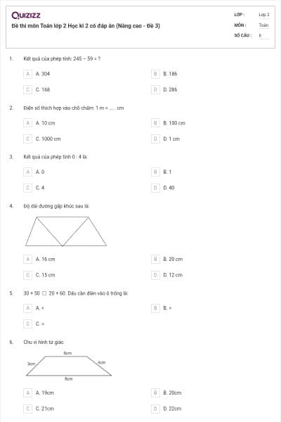 Đề thi môn Toán lớp 2 Học kì 2 có đáp án (Nâng cao - Đề 3)