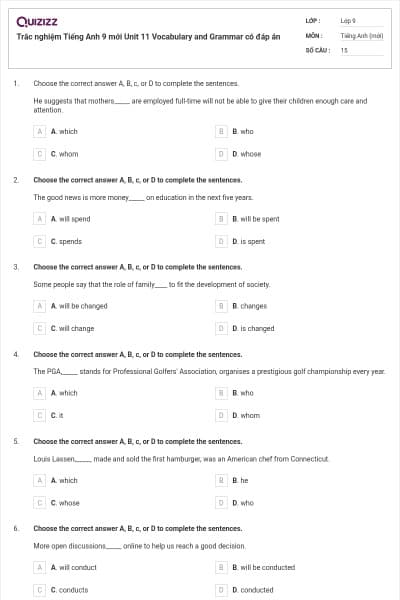 Trắc nghiệm Tiếng Anh 9 mới Unit 11 Vocabulary and Grammar có đáp án
