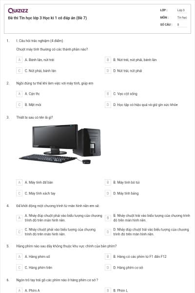 Đề thi Tin học lớp 3 Học kì 1 có đáp án (Đề 7)