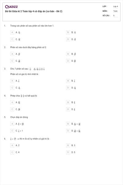 Đề thi Giữa kì 2 Toán lớp 4 có đáp án (cơ bản - Đề 2)