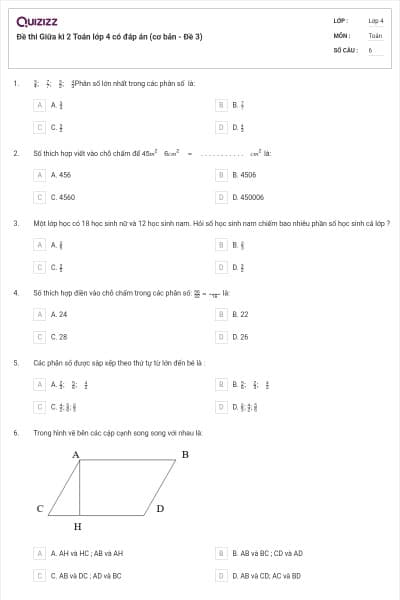 Đề thi Giữa kì 2 Toán lớp 4 có đáp án (cơ bản - Đề 3)
