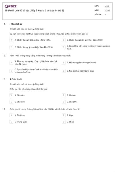 10 Đề thi Lịch Sử và Địa Lí lớp 5 Học kì 2 có đáp án (Đề 2)