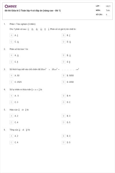 Đề thi Giữa kì 2 Toán lớp 4 có đáp án (nâng cao - Đề 1)