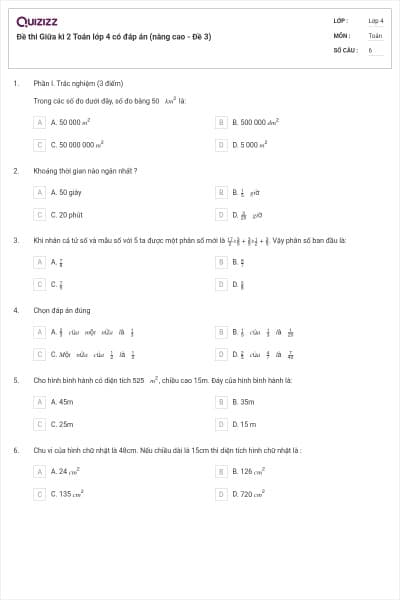 Đề thi Giữa kì 2 Toán lớp 4 có đáp án (nâng cao - Đề 3)