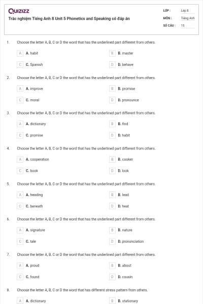 Trắc nghiệm Tiếng Anh 8 Unit 5 Phonetics and Speaking có đáp án