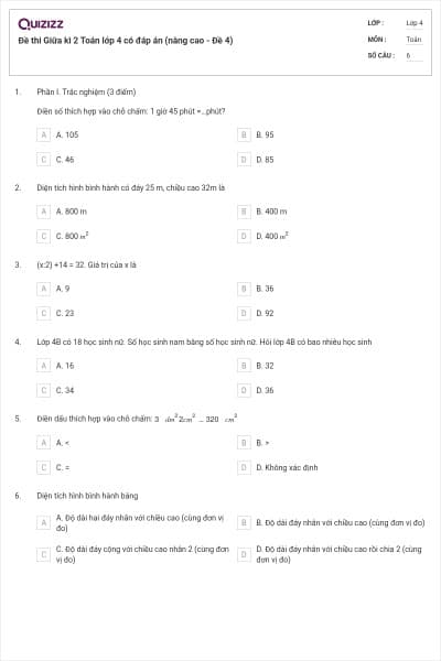 Đề thi Giữa kì 2 Toán lớp 4 có đáp án (nâng cao - Đề 4)