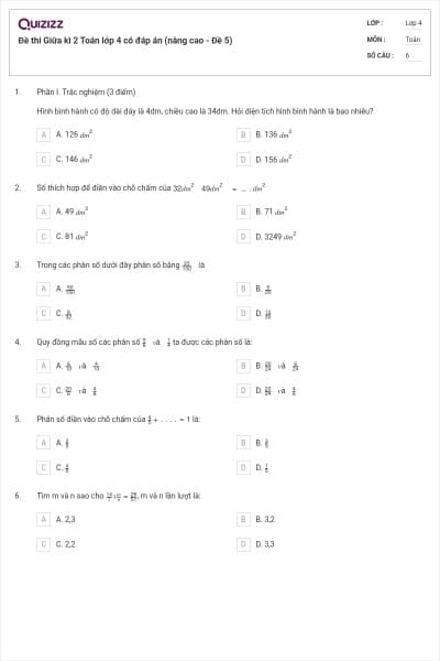 Đề thi Giữa kì 2 Toán lớp 4 có đáp án (nâng cao - Đề 5)