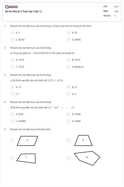 Đề thi Giữa kì 2 Toán lớp 4 (Đề 1)