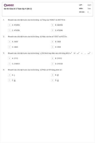 Đề thi Giữa kì 2 Toán lớp 4 (Đề 2)