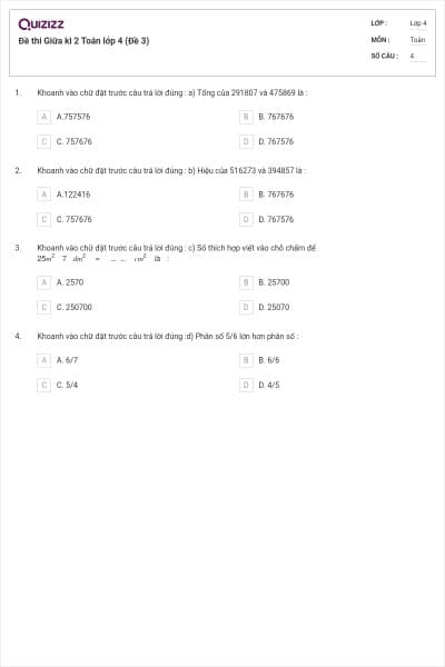 Đề thi Giữa kì 2 Toán lớp 4 (Đề 3)