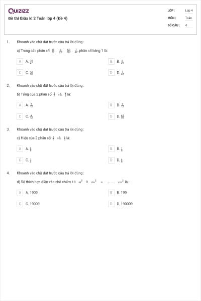 Đề thi Giữa kì 2 Toán lớp 4 (Đề 4)
