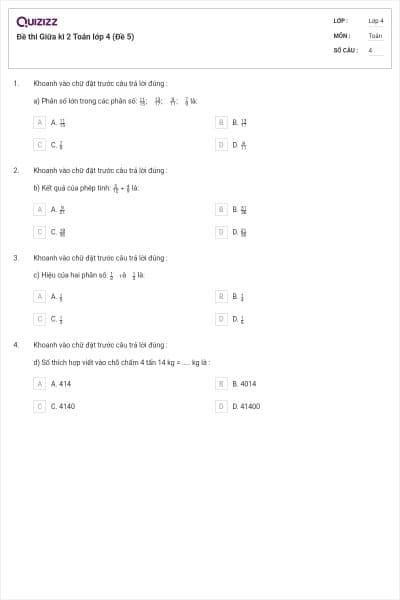 Đề thi Giữa kì 2 Toán lớp 4 (Đề 5)