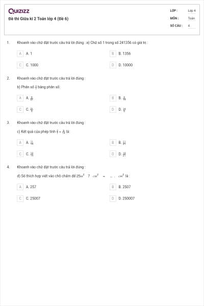 Đề thi Giữa kì 2 Toán lớp 4 (Đề 6)