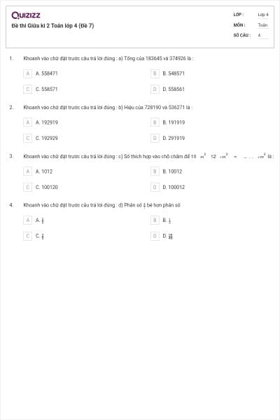 Đề thi Giữa kì 2 Toán lớp 4 (Đề 7)