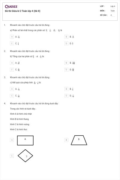 Đề thi Giữa kì 2 Toán lớp 4 (Đề 8)
