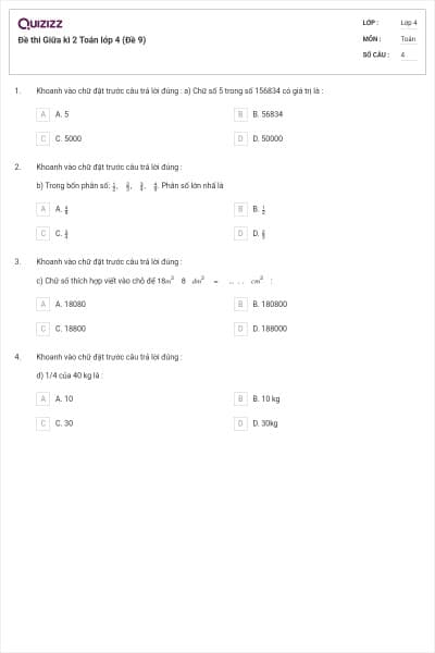 Đề thi Giữa kì 2 Toán lớp 4 (Đề 9)