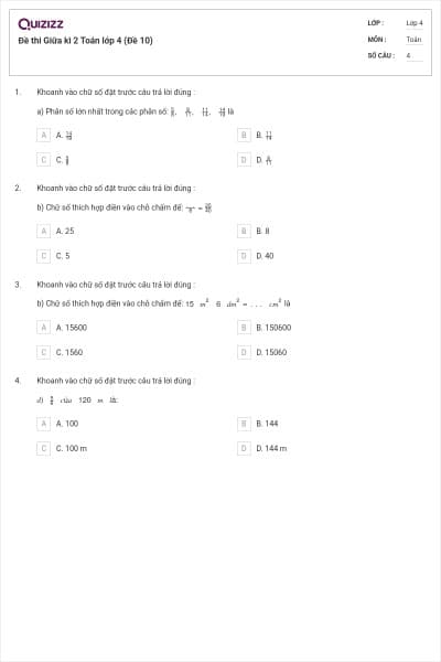 Đề thi Giữa kì 2 Toán lớp 4 (Đề 10)