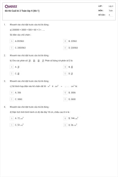 Đề thi Cuối kì 2 Toán lớp 4 (Đề 1)