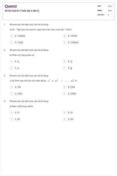 Đề thi Cuối kì 2 Toán lớp 4 (Đề 2)