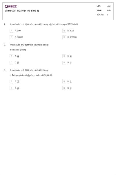 Đề thi Cuối kì 2 Toán lớp 4 (Đề 3)