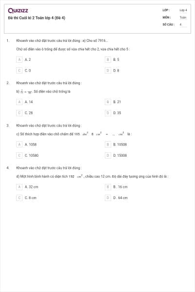 Đề thi Cuối kì 2 Toán lớp 4 (Đề 4)