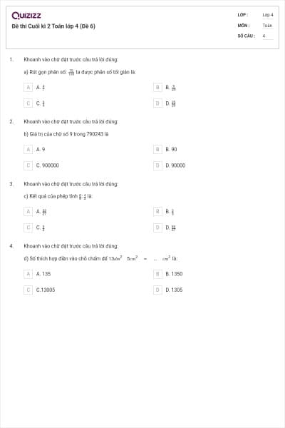 Đề thi Cuối kì 2 Toán lớp 4 (Đề 6)