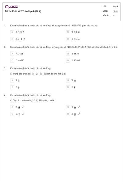 Đề thi Cuối kì 2 Toán lớp 4 (Đề 7)