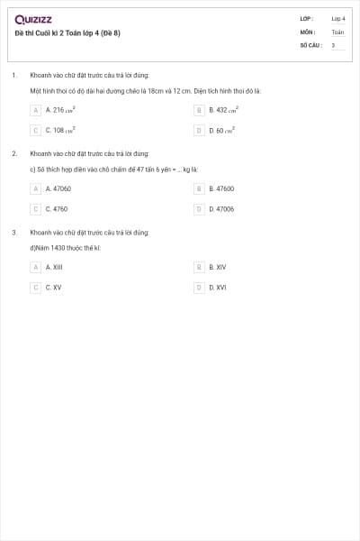 Đề thi Cuối kì 2 Toán lớp 4 (Đề 8)