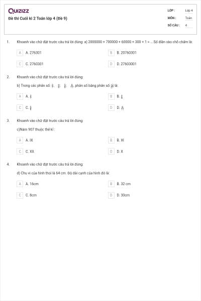 Đề thi Cuối kì 2 Toán lớp 4 (Đề 9)