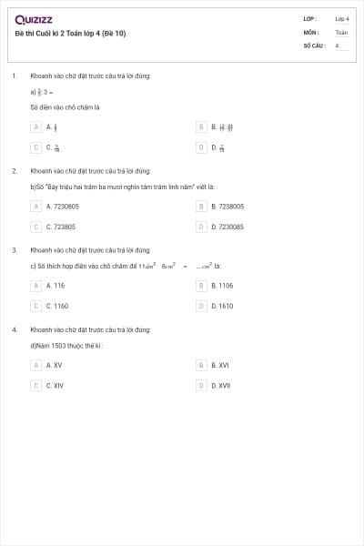 Đề thi Cuối kì 2 Toán lớp 4 (Đề 10)